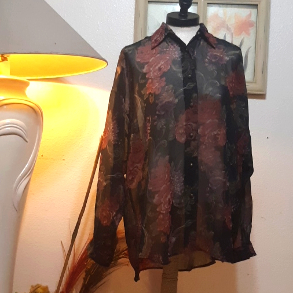 Womens Sheer Blouse Sz Medium  top Shirt long Sleeve Black Floral By EXPRESS